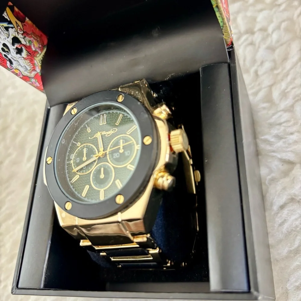 Ed Hardy Gold/Black belt Men's Chronograph Green Dial Black bezel Watch in box